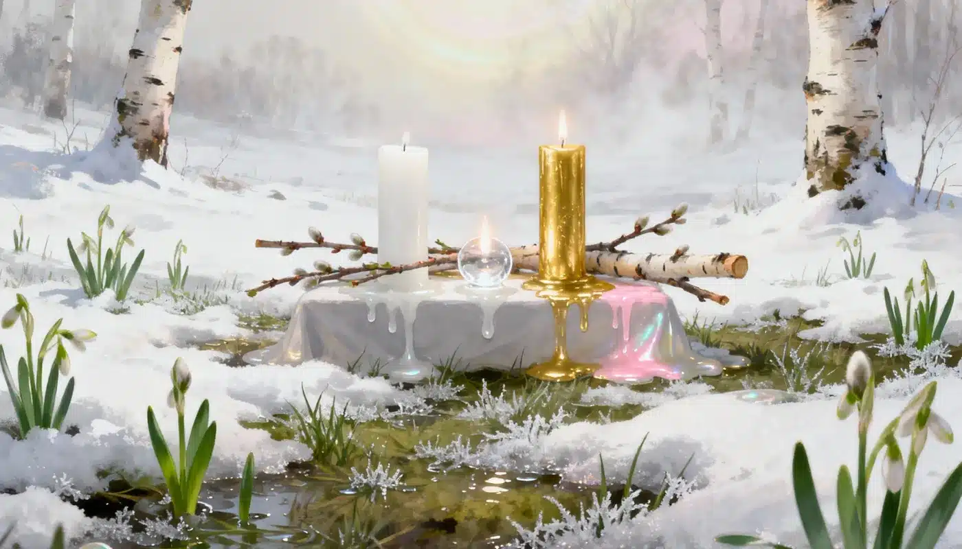 Autel wiccan d’Imbolc posé dans la neige, orné de deux bougies blanche et dorée, d’une sphère de cristal et de branches de bouleau entourées de perce-neige, symbole du retour de la lumière et du renouveau.