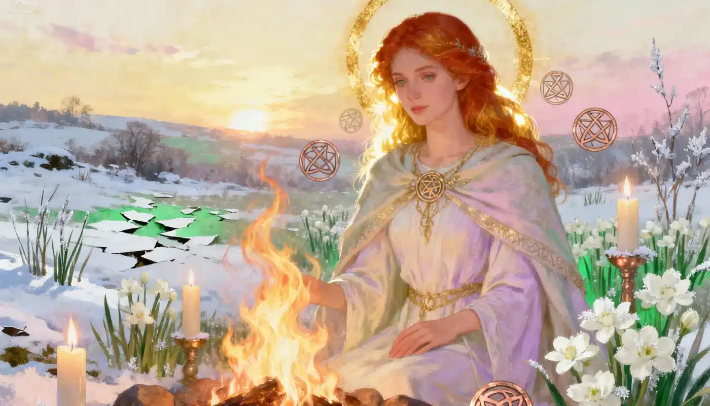 Illustration spirituelle de la déesse Brigid entourée de flammes et de symboles celtiques, dans un paysage enneigé au lever du soleil, représentant la lumière, la guérison et la renaissance.