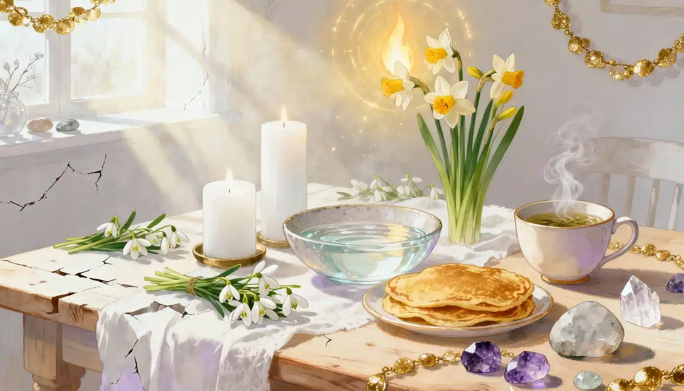 Table d’Imbolc baignée de lumière avec bougies, perce-neige, jonquilles, crêpes dorées, bol d’eau pure et cristaux, symbole du renouveau, de la gratitude et de la célébration du feu sacré.