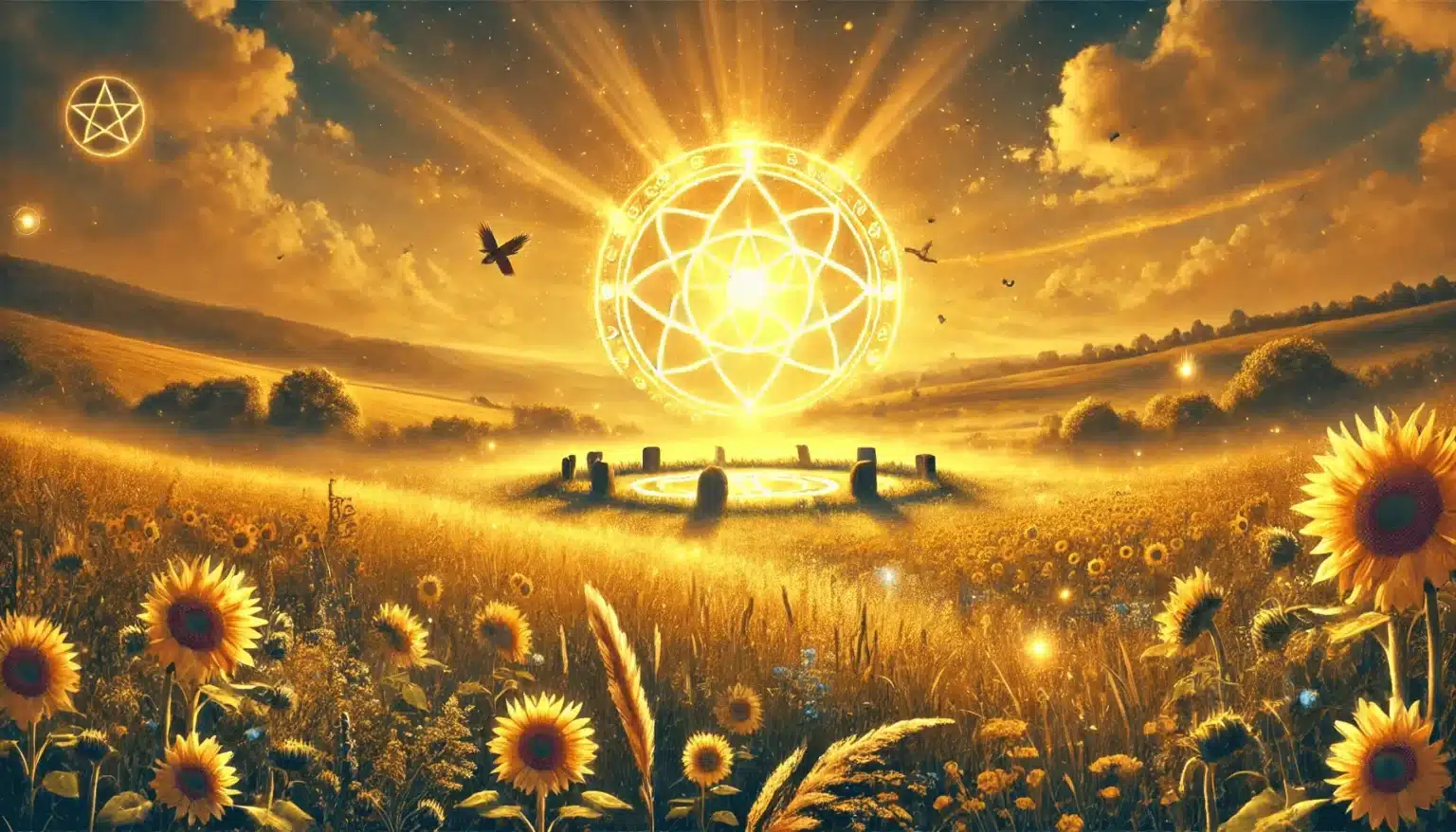 Paysage magique de Litha au solstice d’été, cercle de pierres sous un soleil radiant entouré de symboles solaires, champs de tournesols et lumière dorée célébrant l’abondance et la fertilité