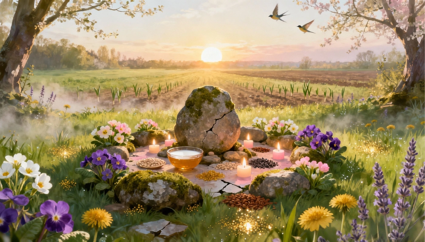 sabbat d'ostara : Cercle rituel d’Ostara avec pierres, graines, chandelles et grand œuf au lever du soleil