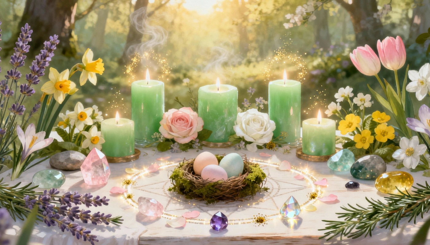 Autel symbolique d’Ostara avec bougies, œufs colorés, fleurs printanières et cristaux