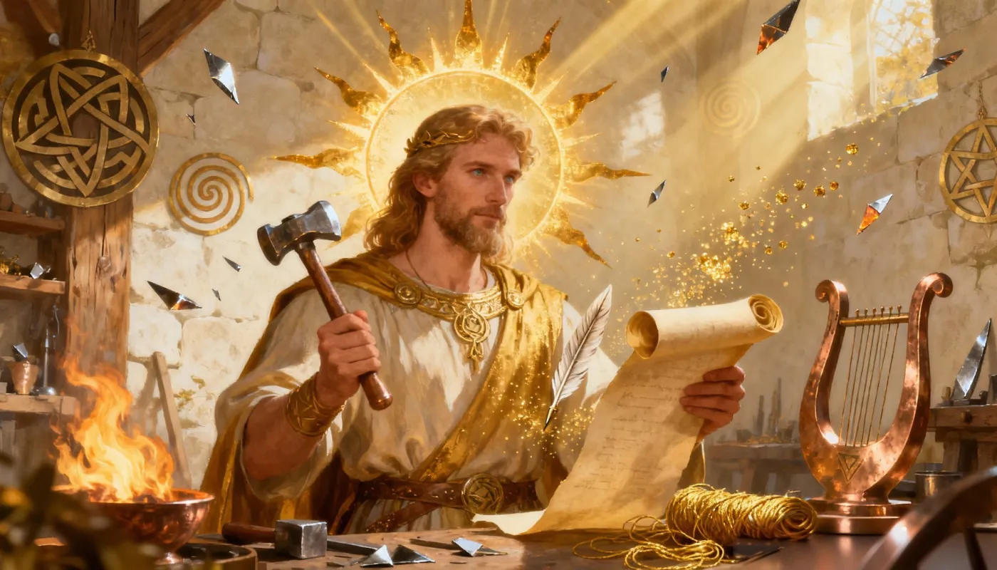 Représentation du dieu celte Lugh, auréolé de lumière dorée, tenant un marteau et un parchemin, entouré de symboles solaires et d’objets artisanaux.