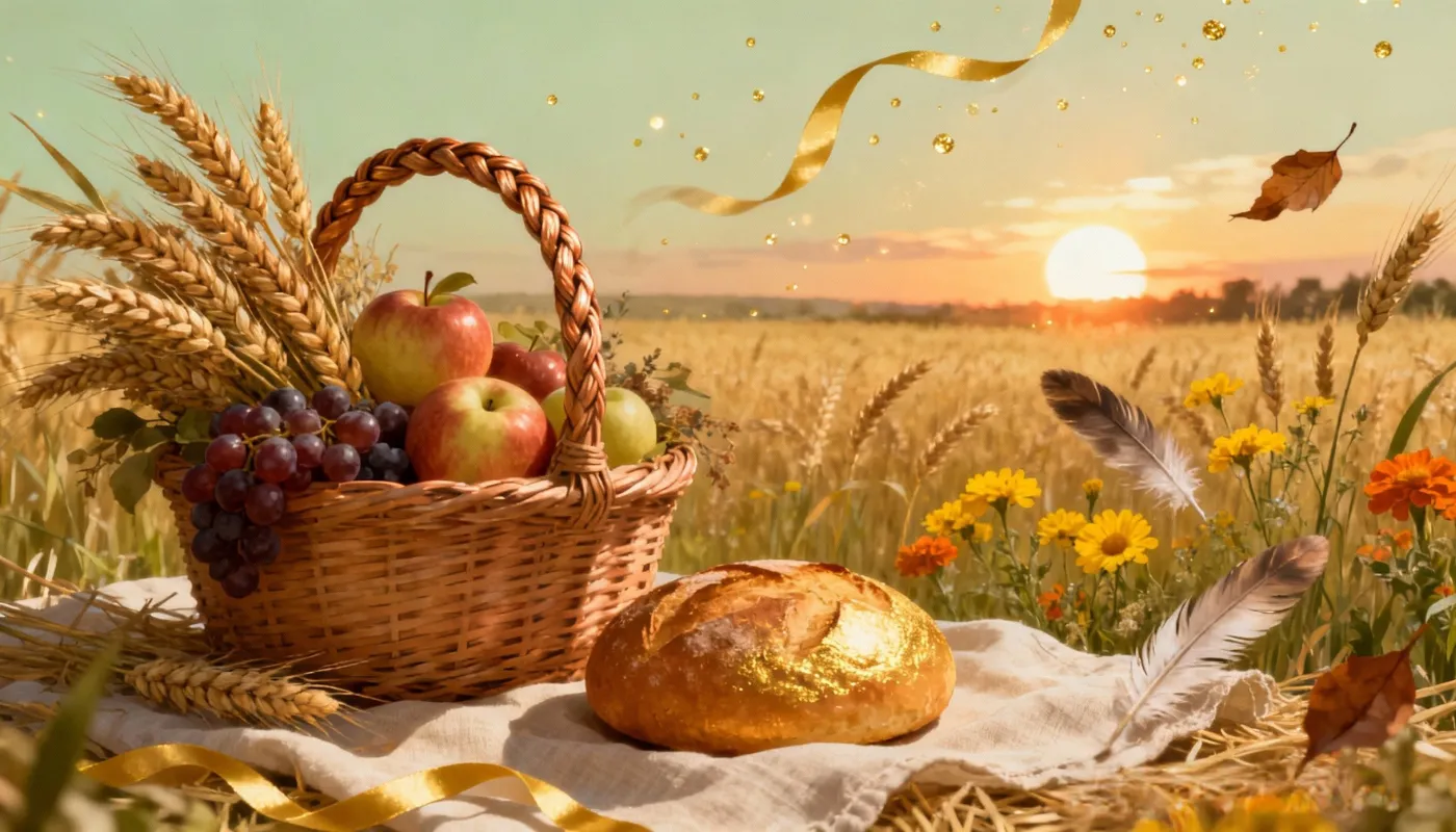 Panier de fruits et d’épis de blé posé dans un champ au coucher de soleil, avec un pain doré et des fleurs de saison, symbolisant la fête de Lugnasad.