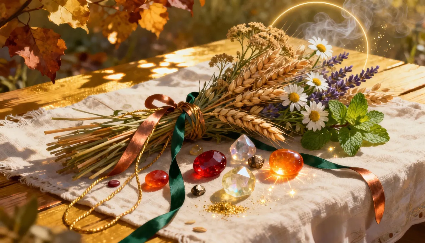 Bouquet de blé et de fleurs posé sur une table avec des rubans et des pierres précieuses colorées, représentant la richesse et les correspondances de Lugnasad.