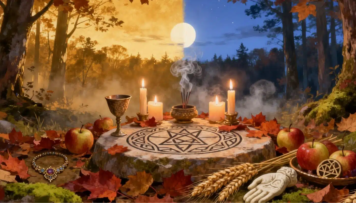 Autel wiccan consacré à Mabon, décoré de bougies, pommes, épis de blé et feuilles d’automne sur une pierre gravée d’un pentacle, symbolisant l’équilibre entre lumière et obscurité lors de l’équinoxe d’automne.