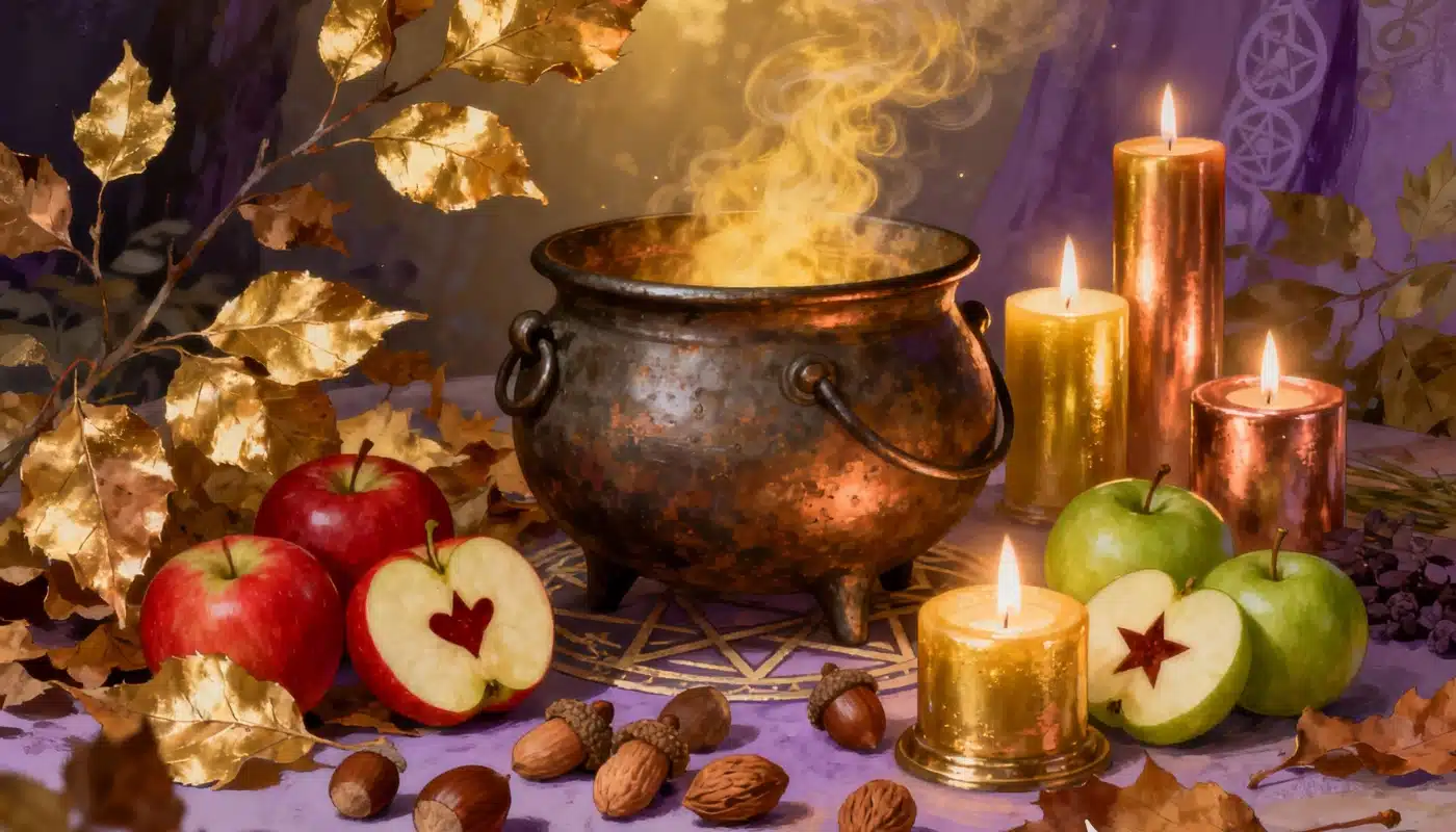 Illustration poétique d’un autel wiccan dédié à Mabon, éclairé d’une lumière dorée douce. On y voit des feuilles cuivrées, des pommes ouvertes, des glands et noisettes, un chaudron fumant et des bougies dorées. L’image évoque l’équilibre entre ombre et lumière, la gratitude et la magie de l’équinoxe d’automne.