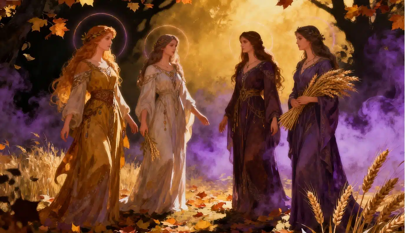 Illustration symbolique de Mabon représentant les déesses Déméter, Perséphone, Cerridwen et Morgane à travers leurs attributs sacrés — chaudron, blé, pomme et brumes d’Avalon — évoquant la transformation, la sagesse et le passage entre la lumière et l’obscurité à l’équinoxe d’automne.