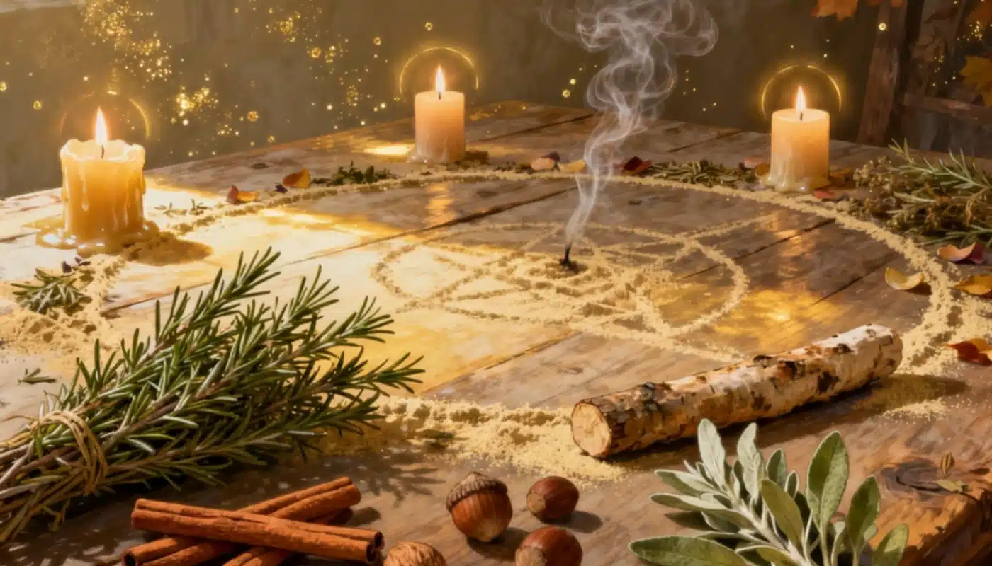 Cercle magique de Mabon tracé sur une table en bois, entouré de bougies, de branches de sauge, de romarin, de cannelle et de noisetier. L’image illustre les herbes purificatrices et protectrices utilisées dans les rituels de l’équinoxe d’automne pour l’ancrage, la prospérité et la clarté spirituelle.