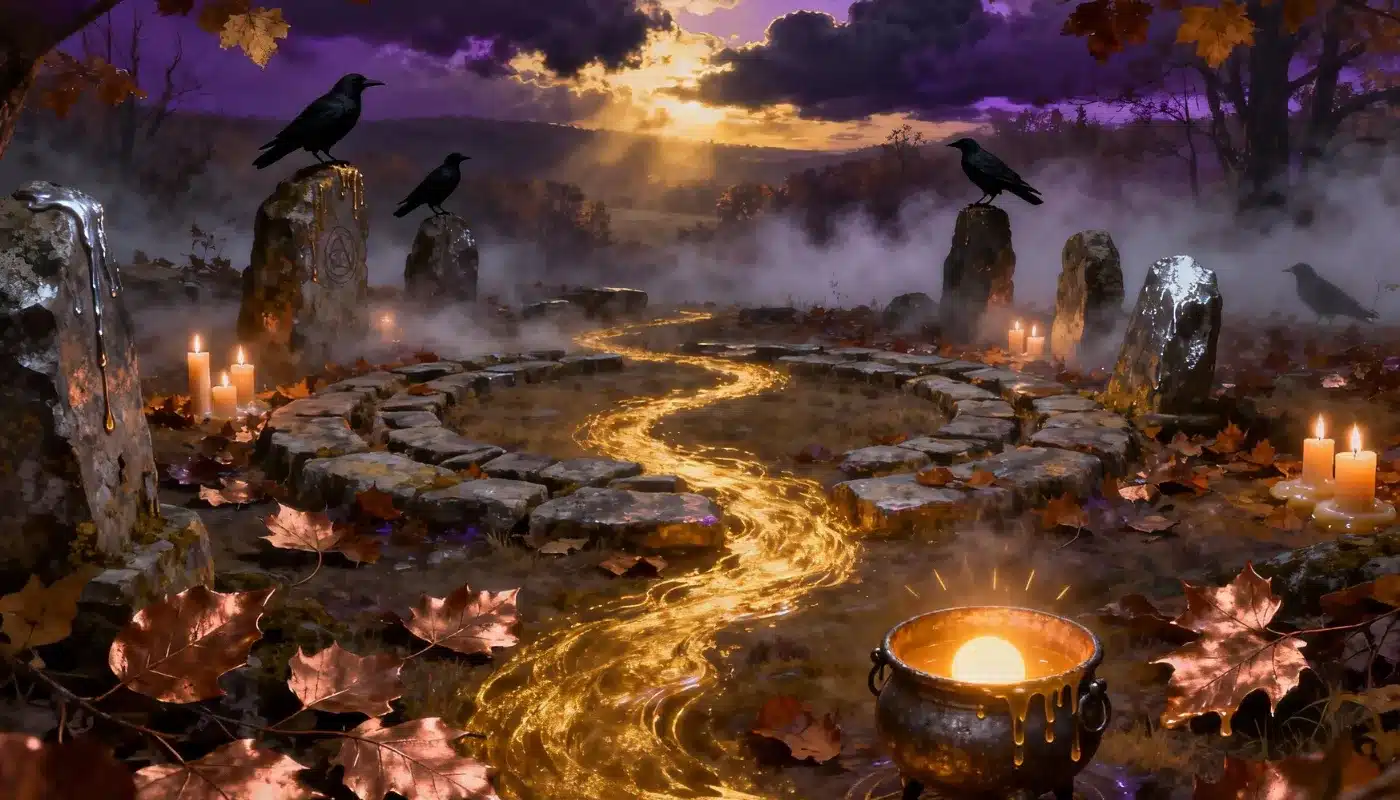 Cercle de pierres entouré de bougies et de corbeaux, avec un chaudron et une rivière de lumière dorée, au coucher du soleil de Samhain.