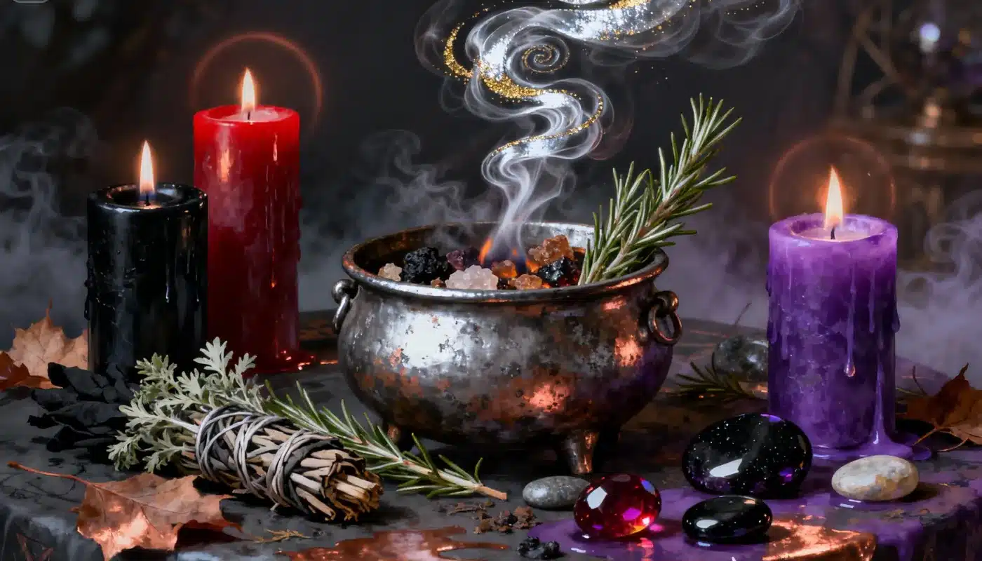 Chaudron rempli de résines brûlantes avec fumée mystique, entouré de bougies noires, rouges et violettes, herbes et pierres magiques.