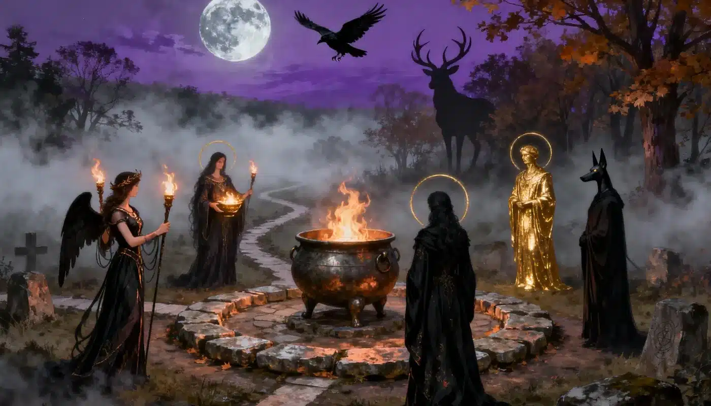 Cercle de sorcières et divinités autour d’un chaudron enflammé, avec la lune, un corbeau et un cerf dans la brume nocturne.